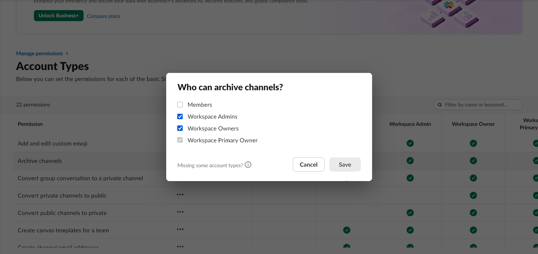 Admin settings screen where you can allow members to archive